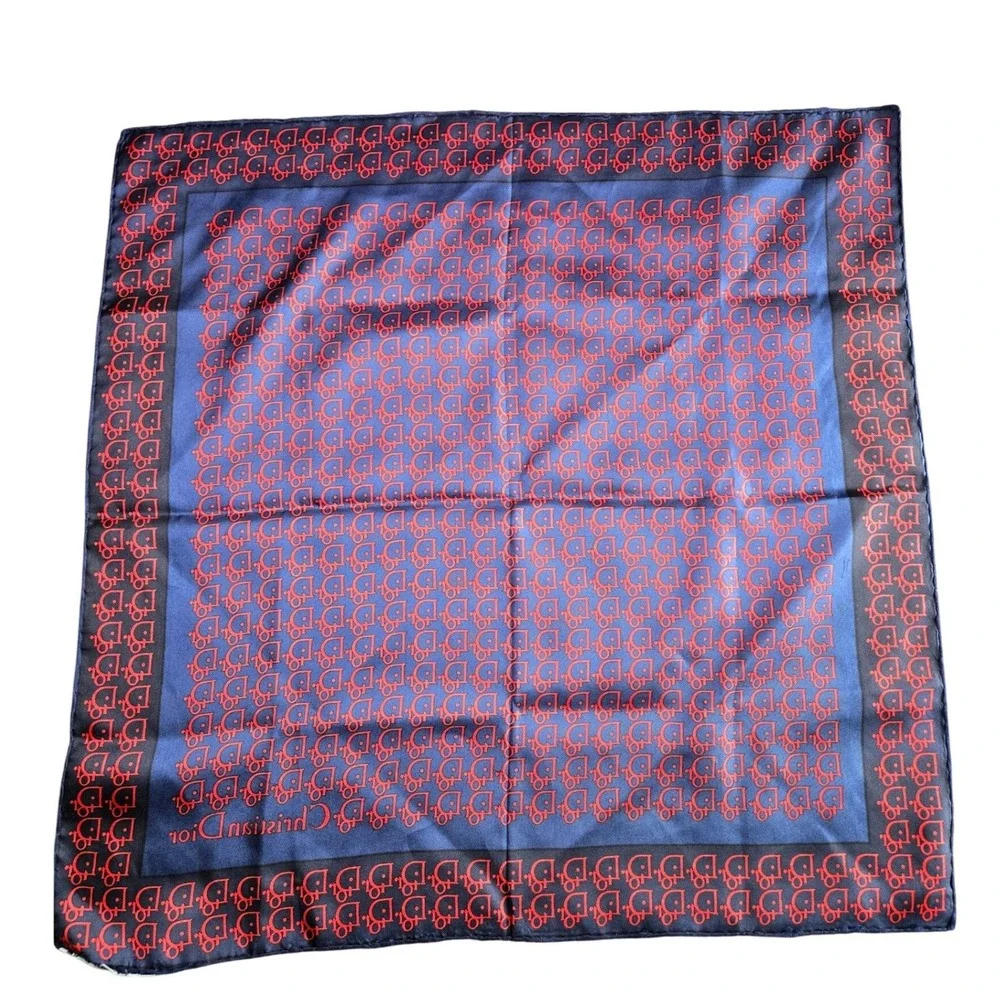Christian Dior Vintage Silk Scarf Navy Blue Red Trotter Oblique Logo Scarf